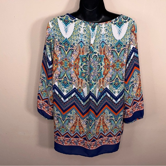 Large Renee C Colorful Boho Blouse Lightweight 3/4 Sleeve Vneck Boho Bohemian - Picture 4 of 12